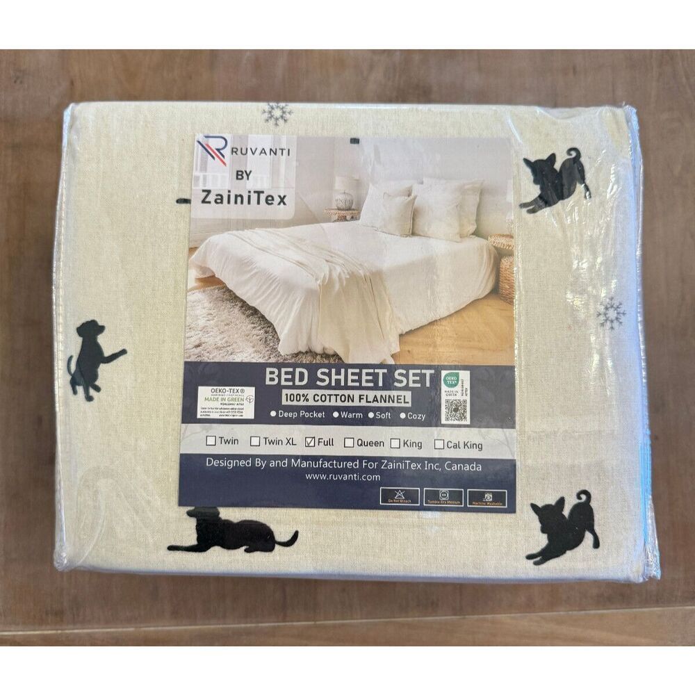 NEW RUVANTI By ZainiTex 4pc Full Size Black Dog 100 % Cotton‎ Flannel Sheet Set